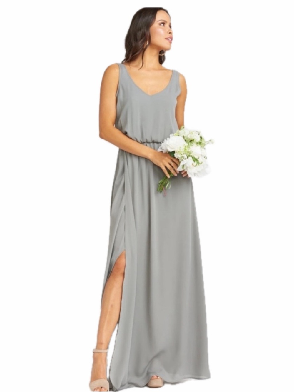 SHOW ME YOUR MUMU WOMEN M KENDALL MAXI BRIDESMAID DRESS GRAY CHIFFON UNALTERED